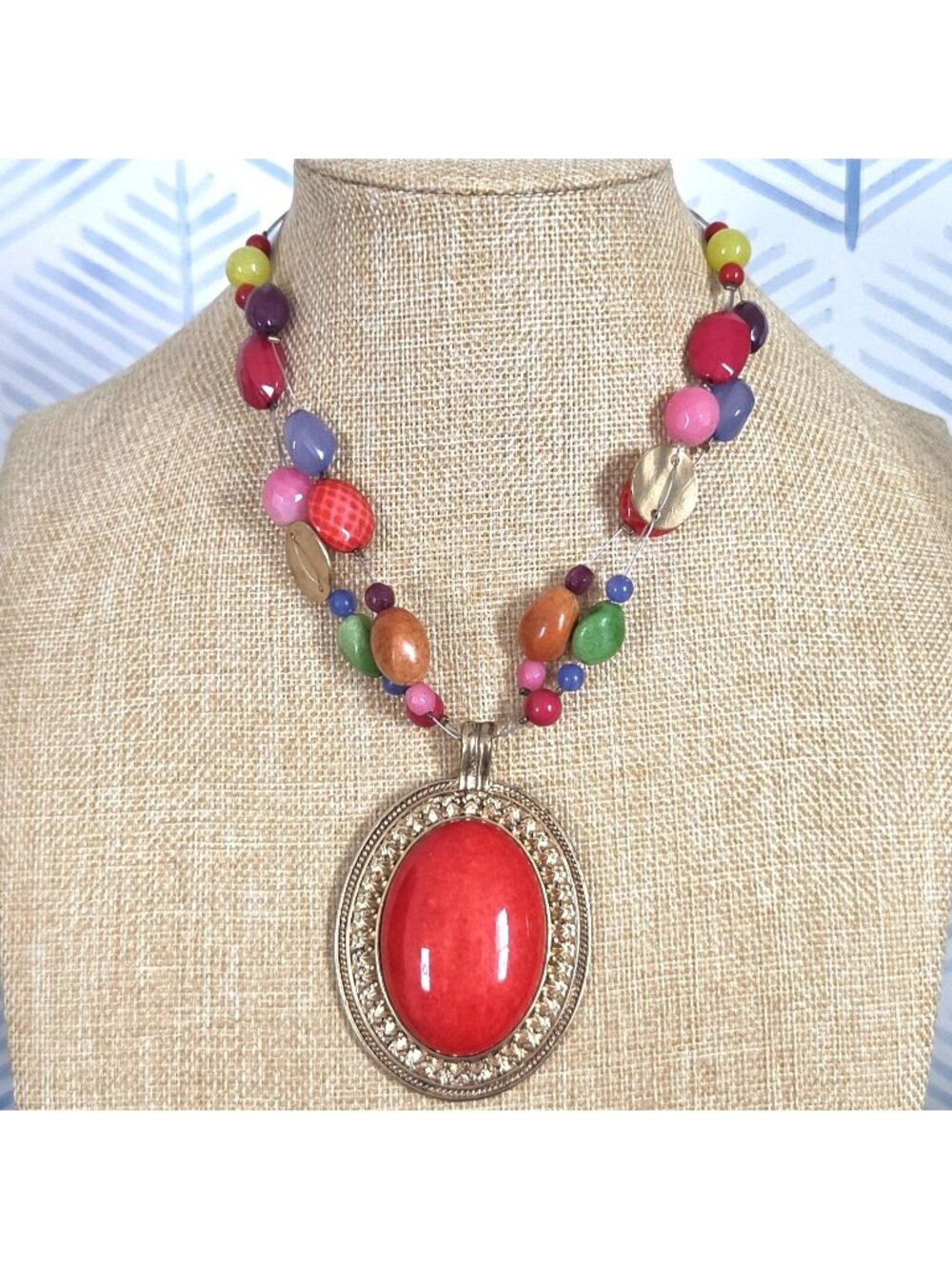 Colorful Beaded Necklace Coral Pink & Gold Tone Pendant